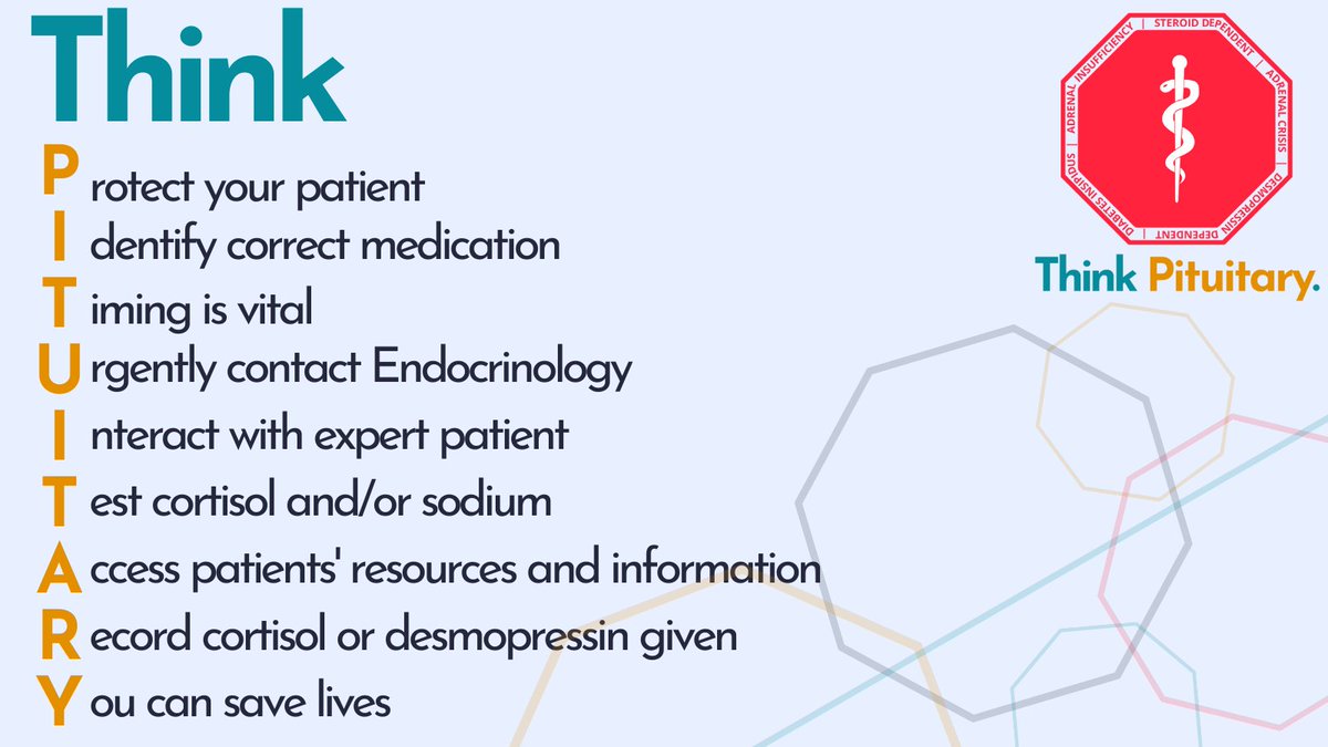 A nice visualisation of the some of the things we're asking medical professionals to do when they #ThinkPituitary. It's vital that pituitary patients receive their life-sustaining replacements in a timely manner when they are unwell.
#PituitaryAwarenessMonth