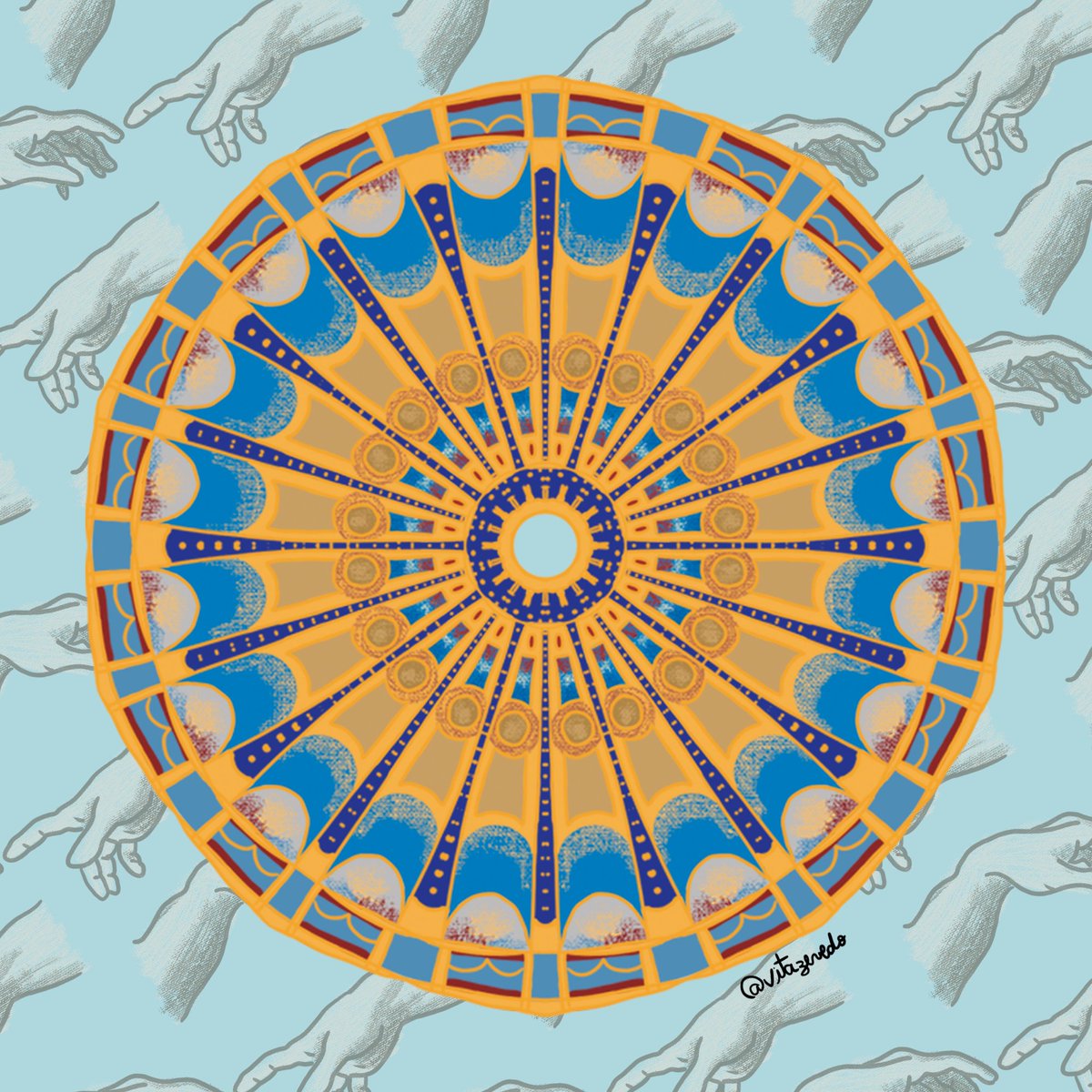 aze_vit's tweet photo. Mais uma mandala foi feita para o nosso clubinho de papelaria e história da arte. E dessa vez foi para o Michelangelo, essa mandala foi inspirada nas cores e padrões que compõem uma das abóbadas da Capela Sistina no Vaticano, pintada por Michelangelo entre 1508 e 1512. https://t.co/zABzHNtWiP