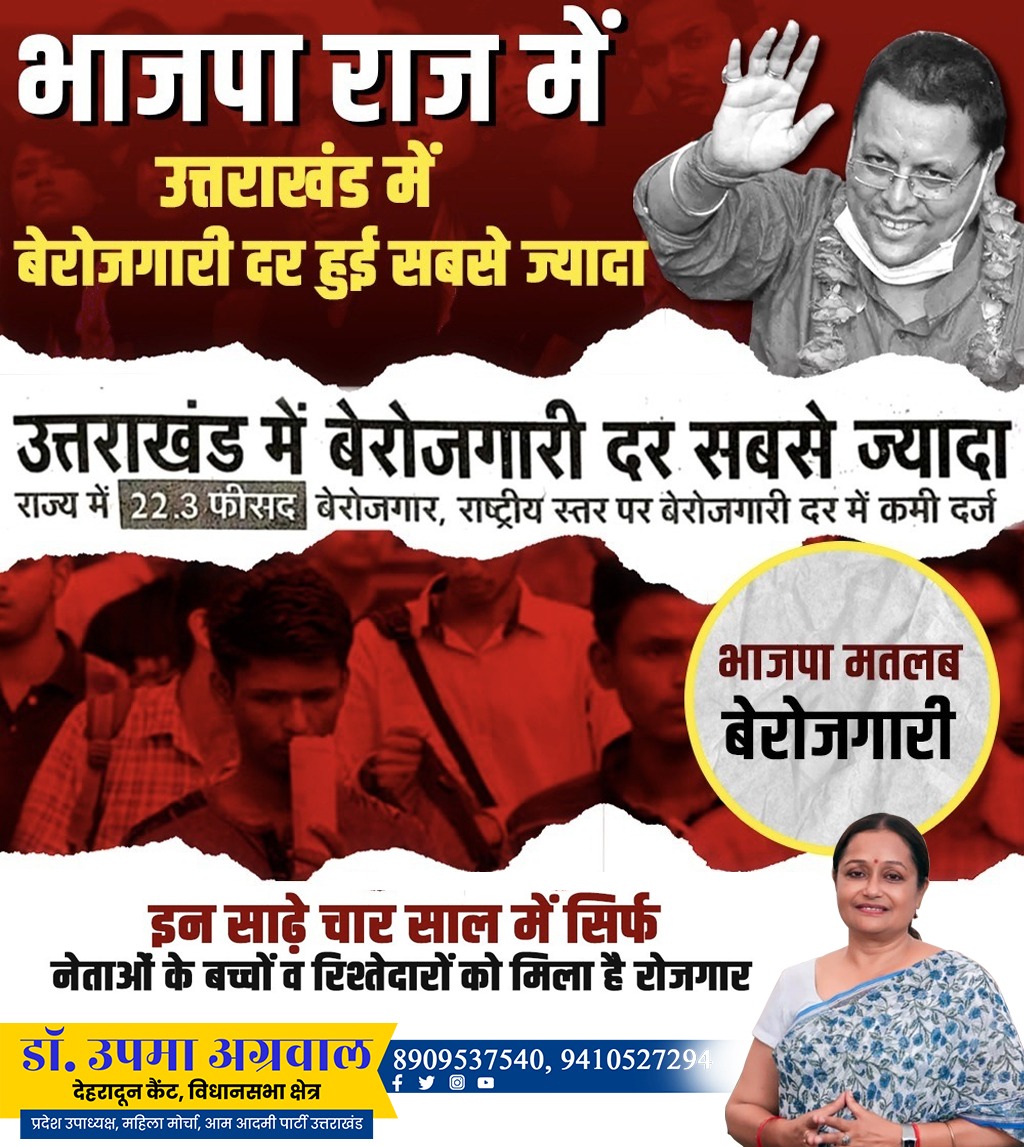DrUpmaAgarwal's tweet photo. क्या आप जानते हैं?
उत्तराखंड में बेरोज़गारी दर सबसे ज़्यादा है. सिर्फ़ उत्तराखंड में 22.3 फ़ीसद युवा बेरोज़गार।
#BJPFailedUttarakhand https://t.co/sMzOosb48h