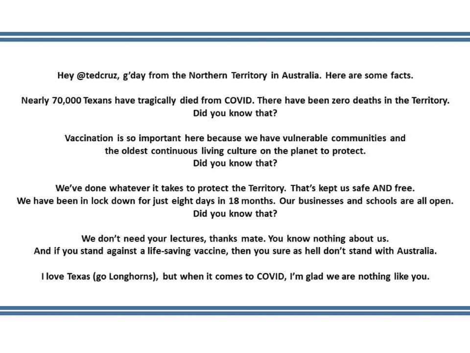 Australia’s Chief Minister literally “Mic Dropped” on Ted Cruz for his new comments about Australia’s Covid policies 🎤💥