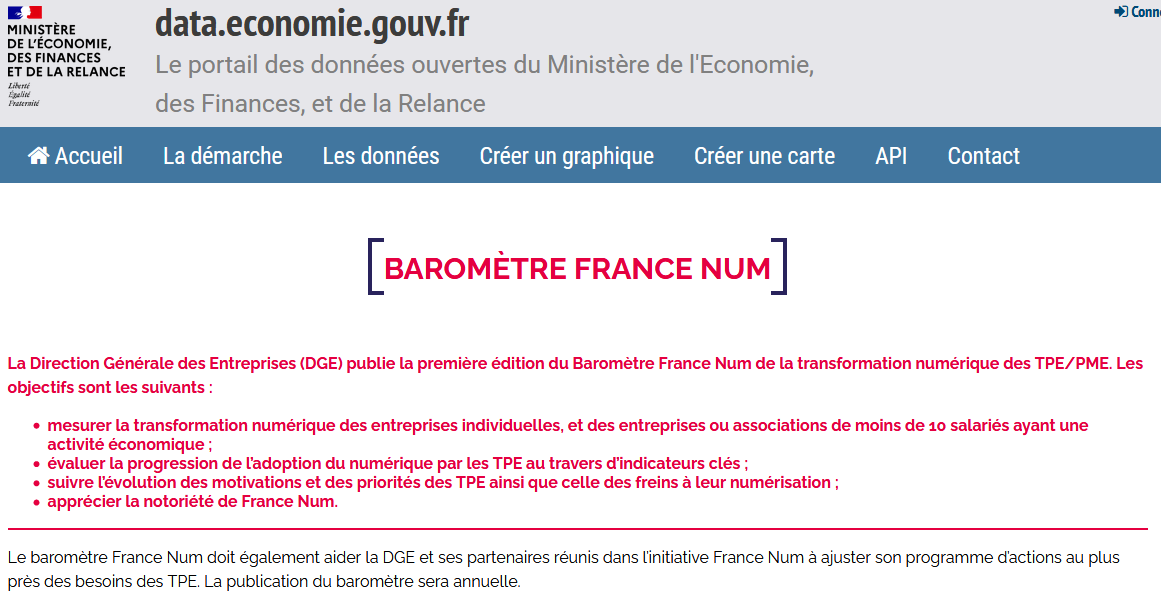 stephanetrainel's tweet photo. La @DGEntreprises publie les données du baromètre #FranceNum en #opendata et en #dataviz 

👉https://t.co/JIehJU3oF9 https://t.co/WDTaB2Sqoq