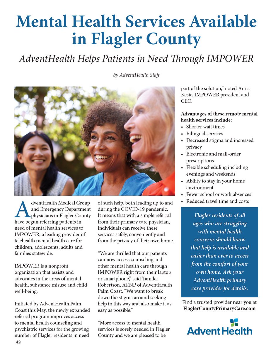 IMPOWERFL's tweet photo. Thanks to Sun &amp; Surf Magazine for featuring us and @AdventHealth  / @AdventHealthCFL in their latest issue. We're happy to partner with AdventHealth in Flagler County and look forward to continuing to help those in need in the region. #thankyou #mentalhealth #florida https://t.co/UfRevcNJyF