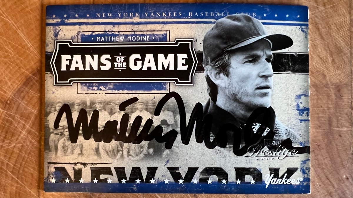 MatthewModine's tweet photo. RETWEET by Monday, October 25 for a chance to win this autographed FANS OF THE GAME @Yankees baseball card from 2005. I'll pick one winner and announce next #ModineMonday. Thanks and good luck! @MLB https://t.co/ErJ6Uv96Yk