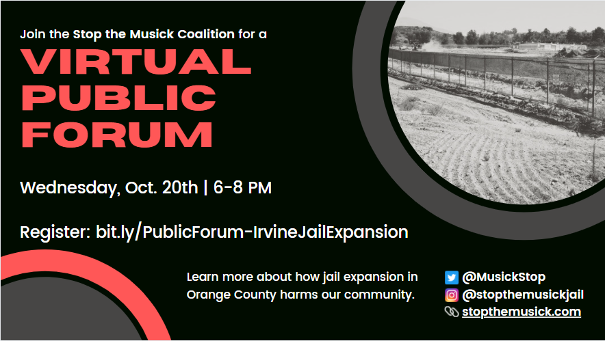ClueJustice's tweet photo. COVID hurt all of us. OC needs to rebuild, not build jails. Join our virtual public forum 10/20 at 6pm to learn more. #StoptheMusick #CareNotCages #NoNewJails
Register at https://t.co/uNXQt6ap2V
@MusickStop @OCSheriffBarnes https://t.co/QVflVrVNOB