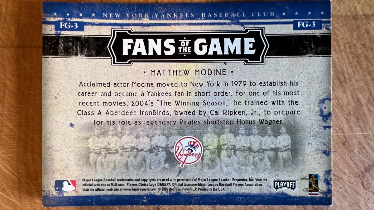 MatthewModine's tweet photo. RETWEET by Monday, October 25 for a chance to win this autographed FANS OF THE GAME @Yankees baseball card from 2005. I'll pick one winner and announce next #ModineMonday. Thanks and good luck! @MLB https://t.co/ErJ6Uv96Yk