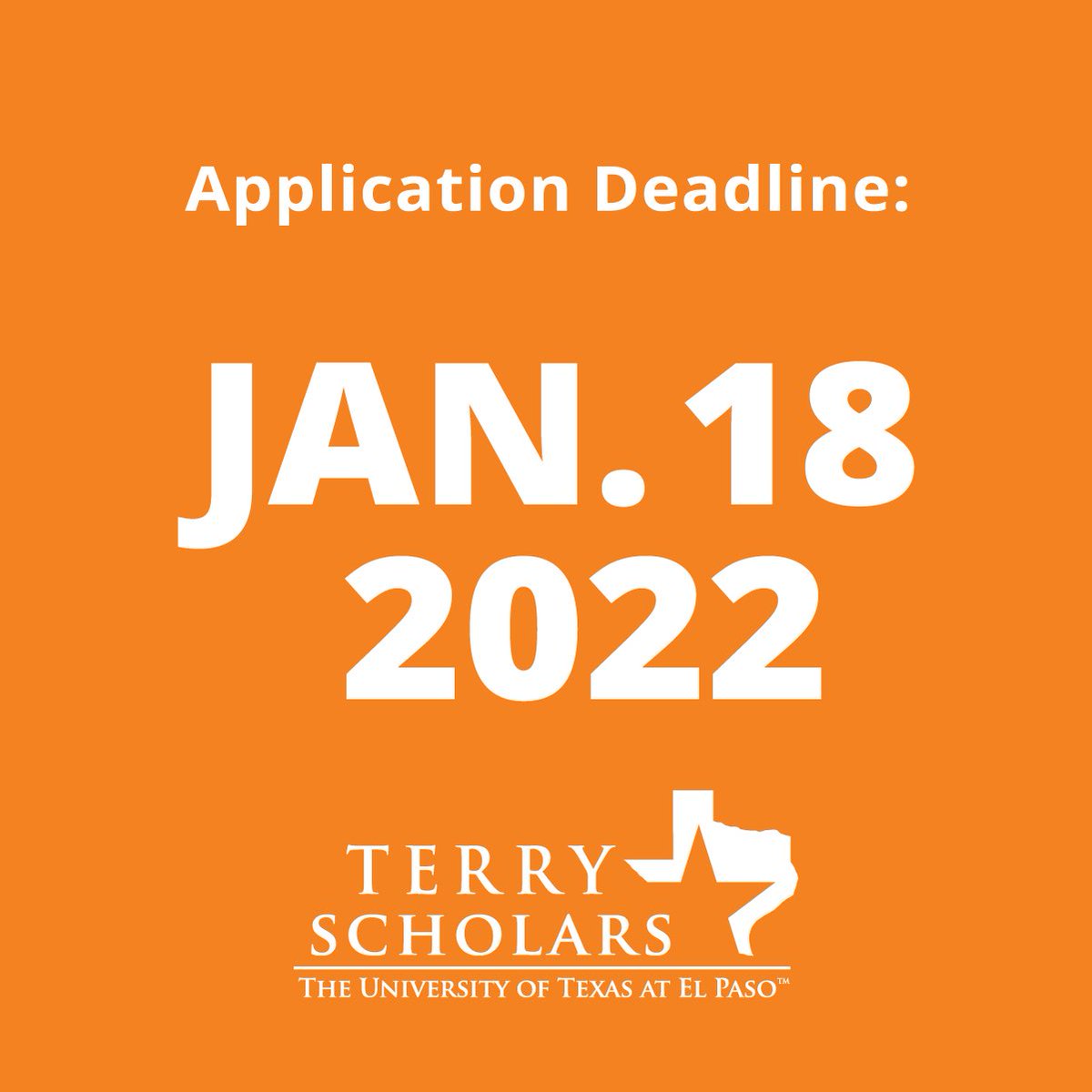 Are you ready to be part of the 2022 Terry Scholar cohort? Apply now to the Terry Foundation Scholarship at UTEP! 

Step 1: Submit the Terry Scholarship Interest form available at utep.edu/terryscholars 

Step 2: Get admitted to UTEP for Fall 2022.