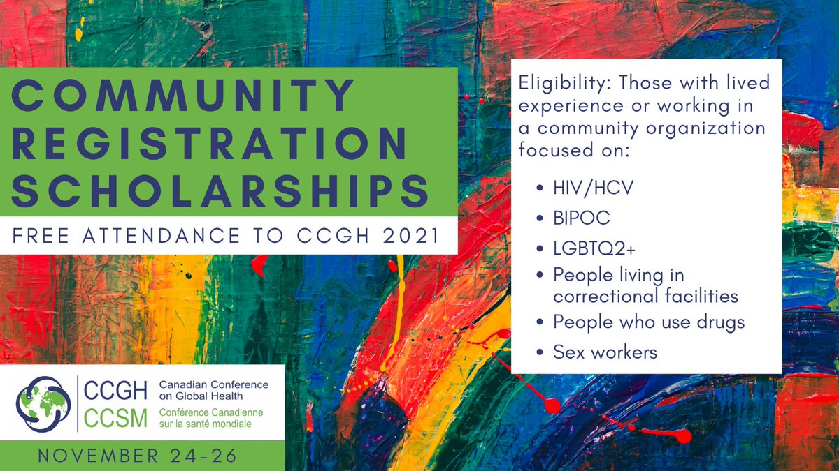 Calling all community members!📢✨ This is the last week to apply for FREE registration to the 2021 Canadian Conference on Global Health! 
 
Community Registration Scholarships 👉bit.ly/2Wqovh2