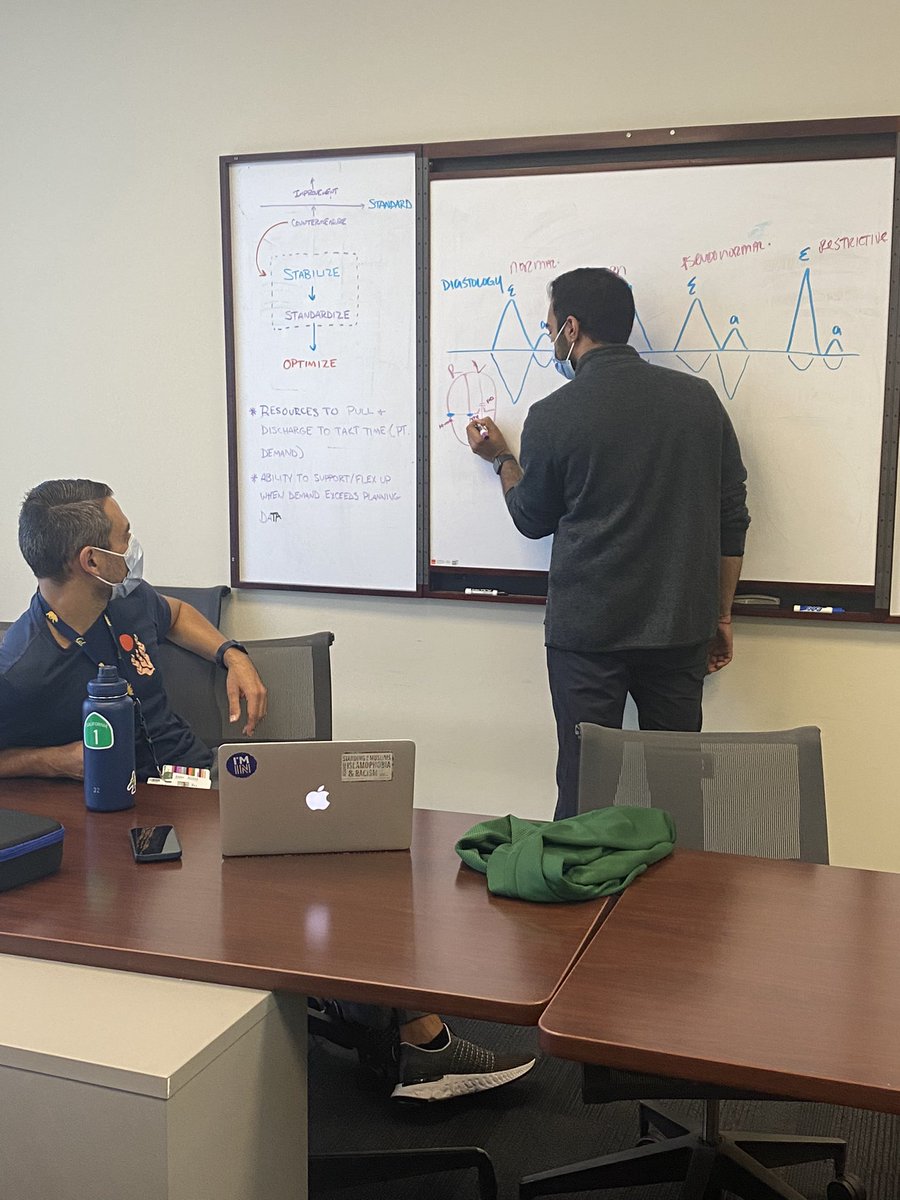 Academic Mondays! These days on ultrasound rotation include fun ultrasound facts, white board teaching, image review and journal club. Pictured is our fellow @DavenPatelMD teaching diastology 💪🏻