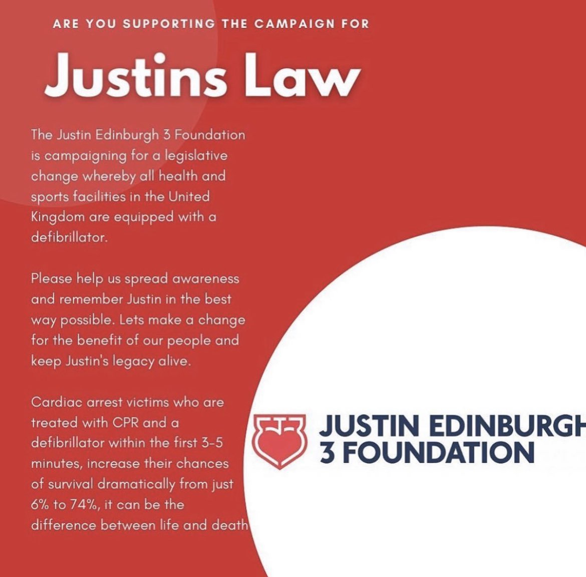 Justin Edinburgh 3 Foundation (@je3foundation) on Twitter photo #JustinsLaw
Have you signed the petition ?
<a href="/JE3Foundation/">Justin Edinburgh 3 Foundation</a> is campaigning for a legislative change whereby all UK health and sports facilities will be equipped with a defibrillator.
Sign the petition here - je3foundation.com/justins-law/ #JustinsLaw
Have you signed the petition ?
<a href="/JE3Foundation/">Justin Edinburgh 3 Foundation</a> is campaigning for a legislative change whereby all UK health and sports facilities will be equipped with a defibrillator.
Sign the petition here - je3foundation.com/justins-law/