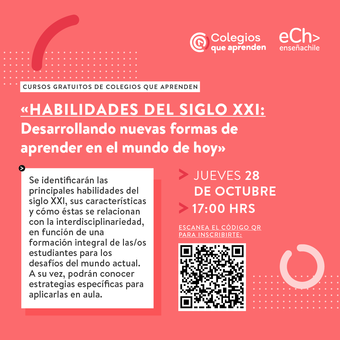 ensenachile's tweet photo. ¡Atención docentes, UTP y especialistas educacionales!
Tenemos un nuevo taller gratuito por Colegios que Aprenden: "Habilidades del siglo XXI: Desarrollando nuevas formas de aprender en el mundo de hoy" 
📍  28 de octubre a las 17 hrs
📍  Inscríbete aquí: https://t.co/T9go70Y4ih https://t.co/g0lnQgk65B