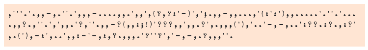 Aquesta imatge és el text de Benzina, tret de visat.cat/traduccions-li…, i passat per just-the-punctuation.glitch.me 
Una rucada, però m'ha fet gràcia veure la puntuació d'alguns autors  

cc <a href="/QuimMonzo/">Quim Monzó</a>