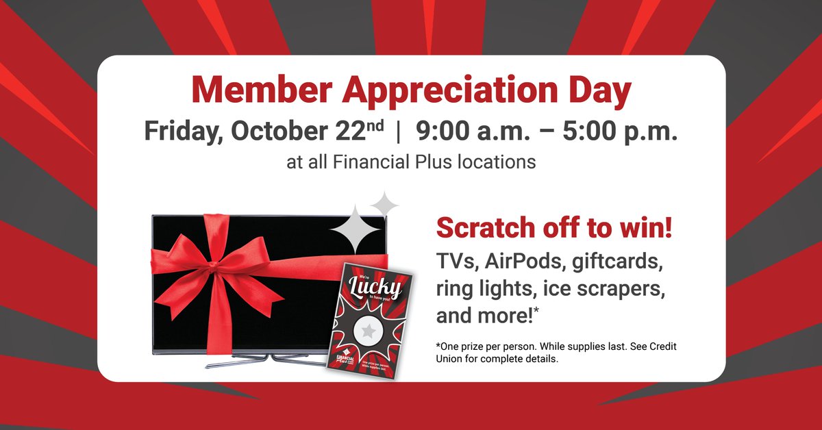 myFPCU's tweet photo. Stop in this Friday for your chance to WIN BIG and enjoy cider and donuts at this year’s Member Appreciation Day. Scratch off for a chance to win Tv’s, AirPods, gift cards, ring lights, Bluetooth speakers, and more! Everyone’s a winner! 🥳🎉 #myFPCU #win https://t.co/XobfYQZ7hc