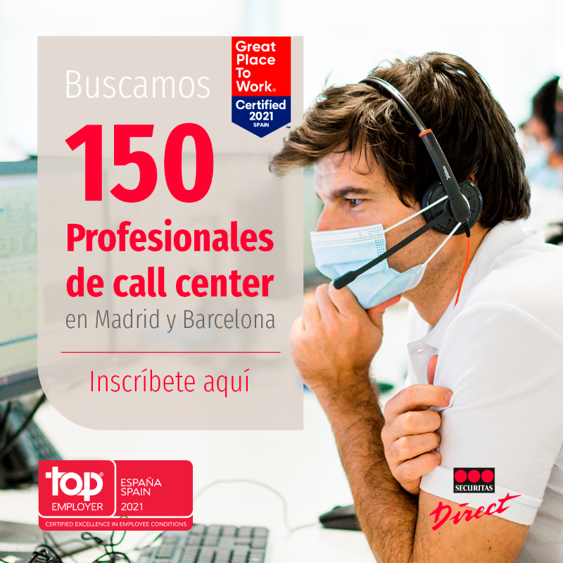 verisure_esp's tweet photo. ¡Esta es tu oportunidad para unirte a una de las mejores compañías para trabajar en España!

Buscamos incorporar 150 profesionales de call center en Madrid y Barcelona. 

¡Inscríbete aquí y participa en nuestro evento de reclutamiento online los próximos días 25 y 26! #Empleo