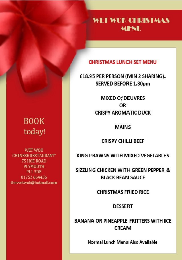 Now takings bookings for December, normal lunch menu also available.