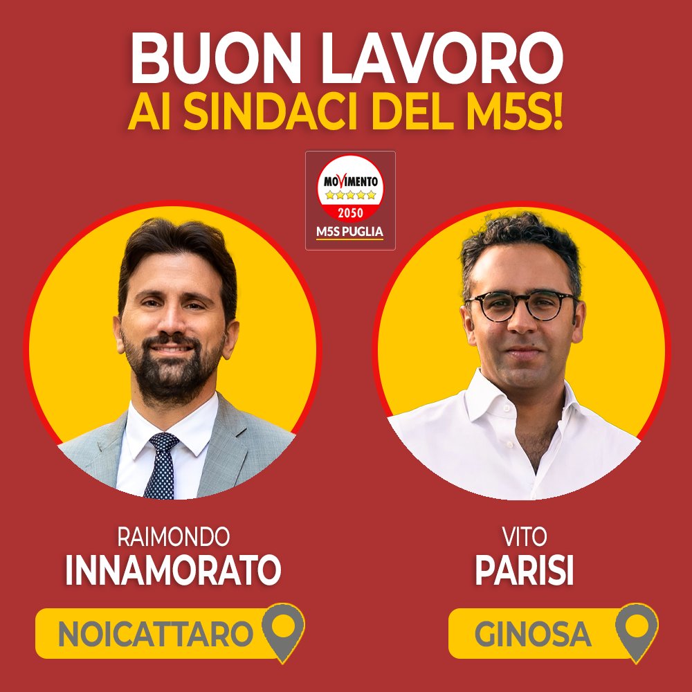 A #Noicattaro e #Ginosa si riconfermano i sindaci del MoVimento 5 Stelle, Raimondo Innamorato e Vito Parisi.
facebook.com/M5SPuglia/phot…
<a href="/RaimondoSin/">Raimondo Innamorato</a> <a href="/VitoePari/">Vito Parisi</a> #Puglia #elezioniroma2021