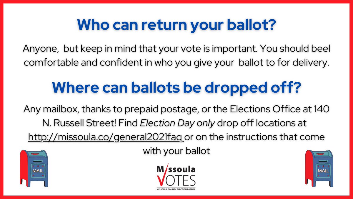 🗳 Since this is a local election, voters can call the Elections Office at 406-258-4751or email electioninfo@missoulacounty.usto confirm their ballot has been accepted.