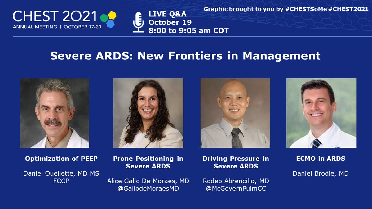 McGovernPulmCC's tweet photo. Don’t miss this #CHEST2021 LIVE session with our Dr. Abrencillo on Severe ARDS with Dr. Ouelette @HFHPulmCC @GallodeMoraesMD @MayoPCCM Dr. Brodie
@CHESTCritCare 

#CHESTCritCare @UTHimres https://t.co/nP9lCKoM70