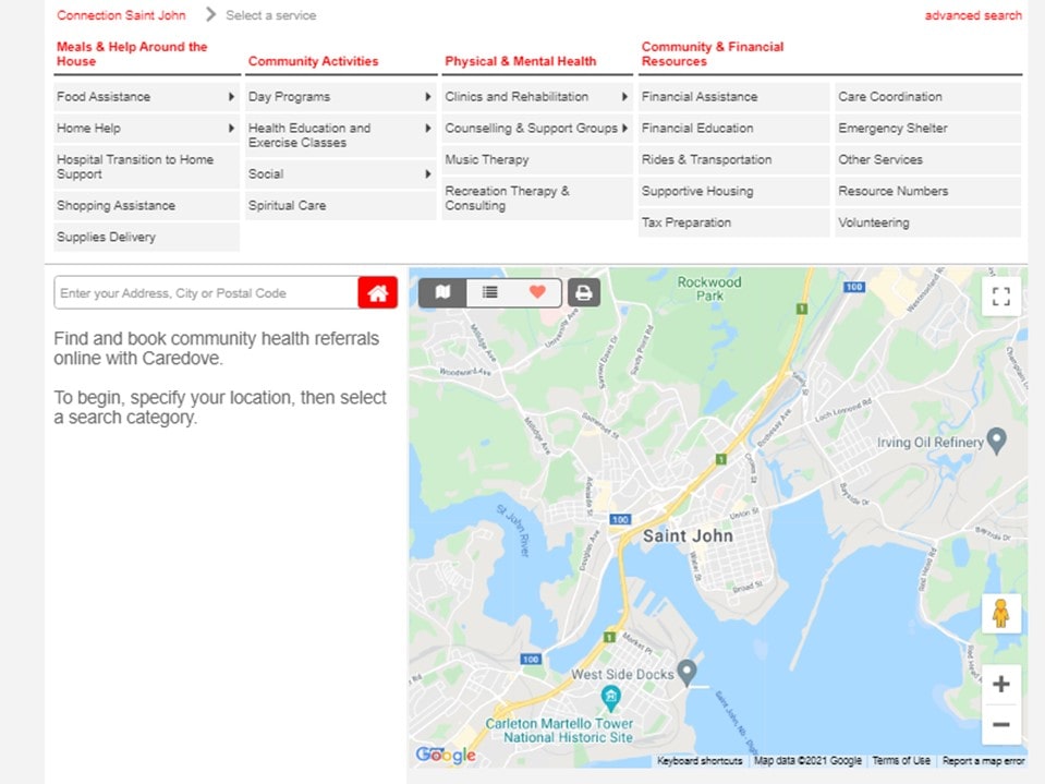 A screen capture of a map showing Saint John with community resources highlighted.