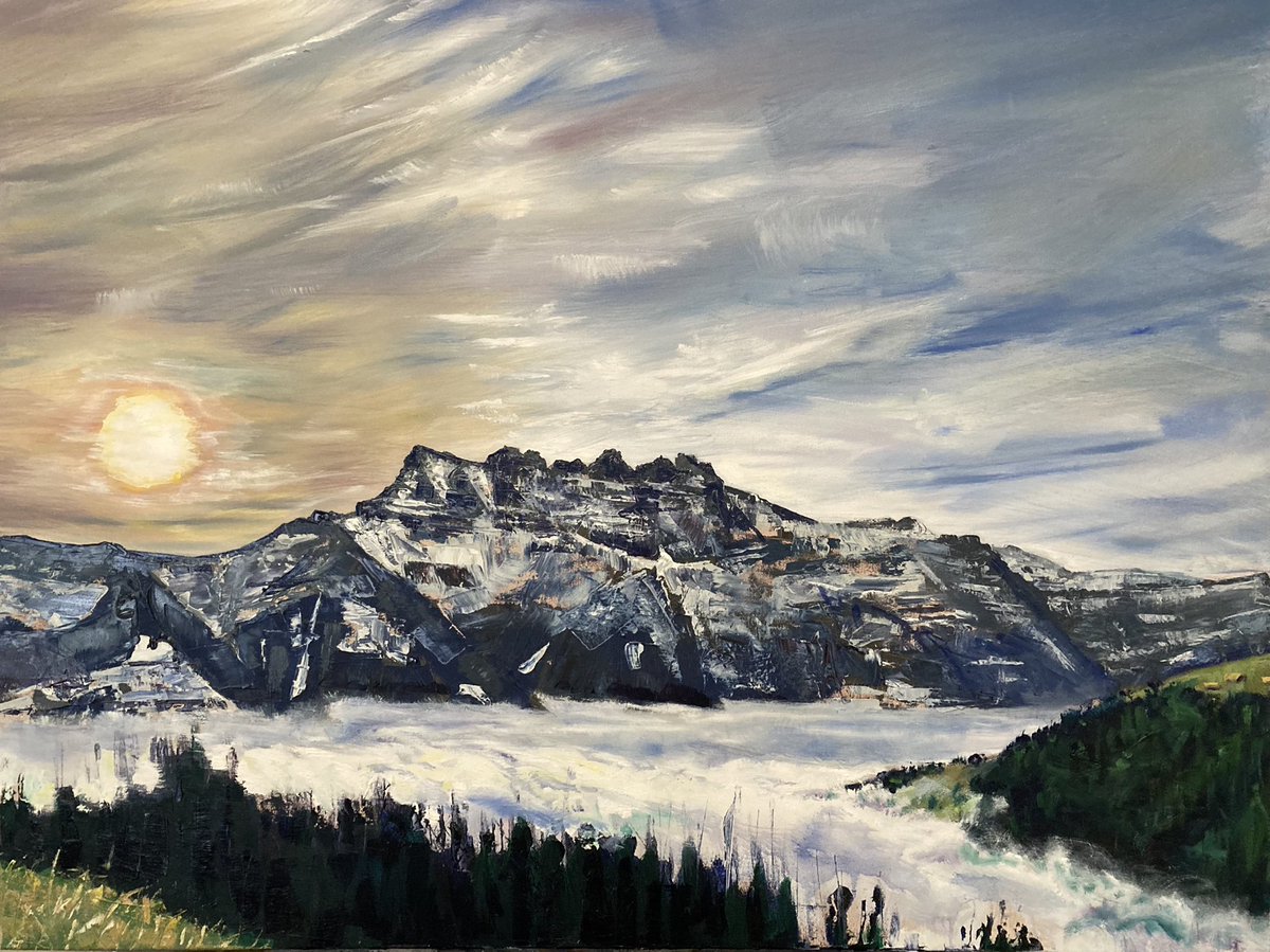 Nearly there I think with this #dentsdumidi #commission. Trying desperately not to over work it. Gotta wait for mist to dry before I can do perspective giving trees in front 😀🎨
#landscapeoilpainting 
#suisse
#artontwitter 
#artistsontwitter 
#mountains 
#commissionsopen