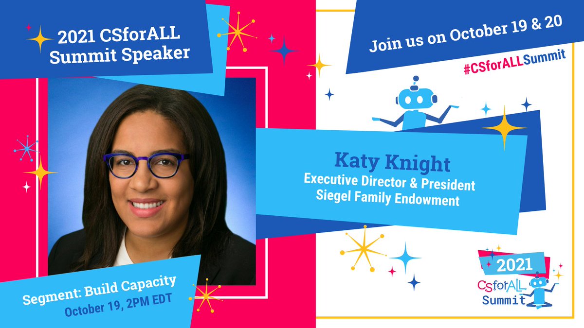 Tomorrow, <a href="/CSforALL/">CSforALL</a>’s 2021 virtual Summit kicks off! Join <a href="/sayskaty/">Katy Knight</a> &amp; register now to learn more about the 2021 #CSforALL Commitments Makers, promising work on addressing racial injustice in the #CSed community, and more! #CSforALLSummit bit.ly/summitreg2021