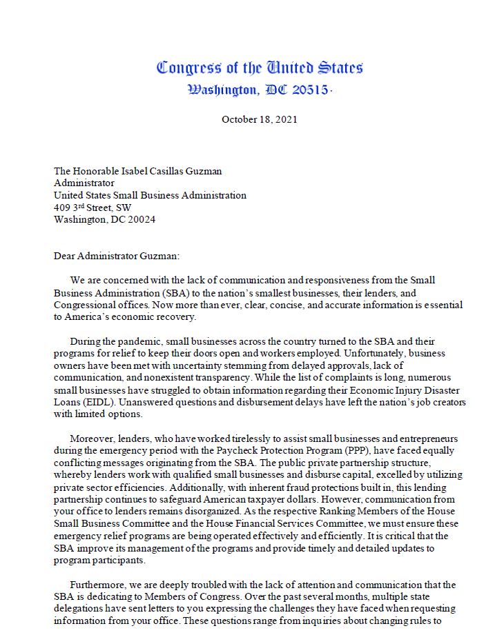 NateMorabito's tweet photo. INBOX:  @PatrickMcHenry &amp; @RepBlaine sent a scathing letter to @SBAIsabel outlining #SBA concerns. They say the agency's failed to communicate with small businesses, lenders &amp; members of Congress &amp; used words like "non-existent transparency," "disorganized" and "unacceptable." https://t.co/1ErDm9eHvg