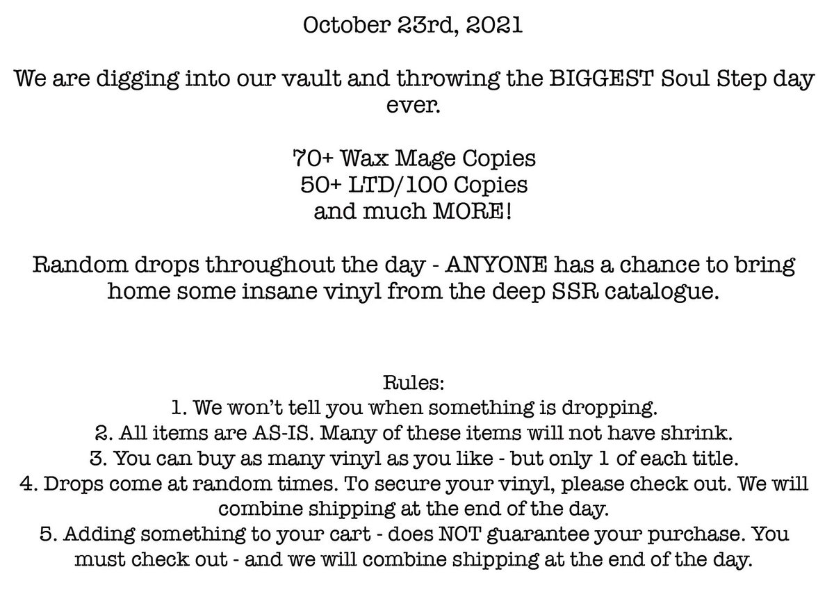 SoulStepRecords's tweet photo. Let’s throw a Soul Step Vault sale and pull out all the stops. 

Subscribers only. An INSANE amount of my personal vault Wax Mage and previously SOLD OUT titles across the entire history of the label. 

Random drops. Everyone has a chance. Get ready for this Saturday! https://t.co/9uZLGNMsd6
