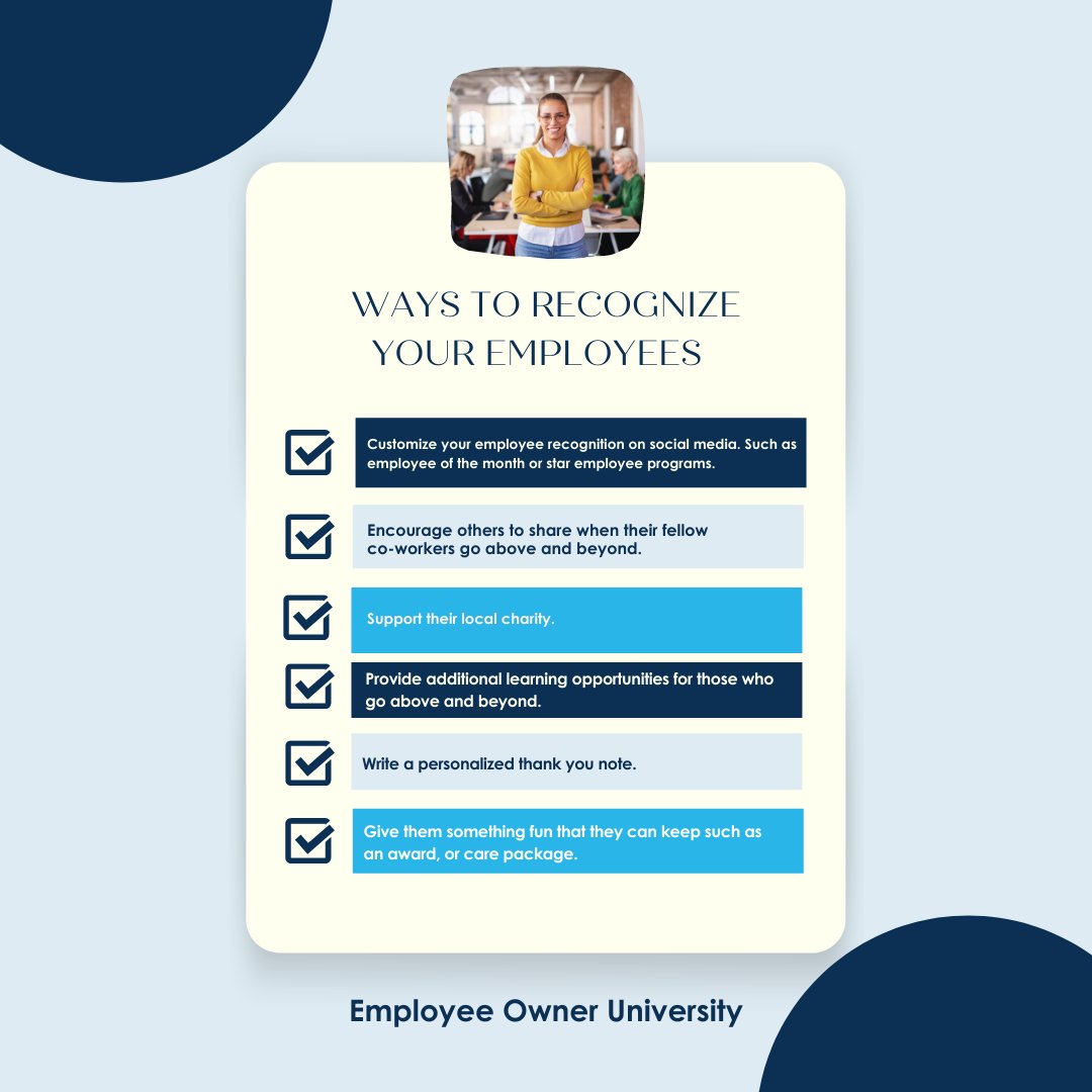 What do you do to make your employees feel valued and appreciated? Here are few things you can implement if you are not already doing so. 

#EOM2021 #EmployeeRecognition #EmployeeOwners #Employeeofthemonth #EmployeeOwnership #EmployeeOwnerUniversity