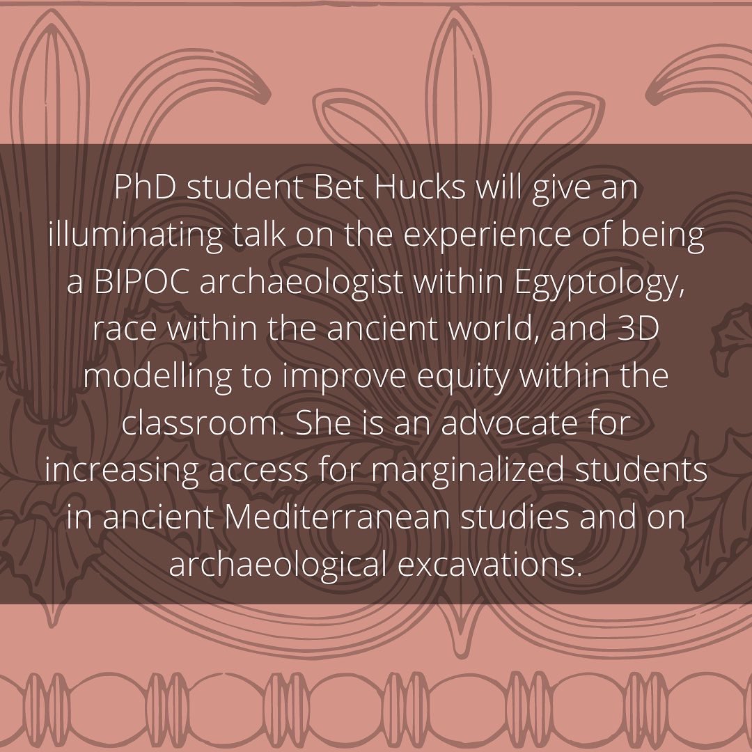 Join us for a talk with Bet Hucks, a PhD student at Heidelberg University! Listen in as she outlines her experience as a BIPOC archaeologist, using 3D models in the classroom to improve equity, her thesis on Egyptian art, and more! <a href="/RomanAegyptiaca/">Bet Hucks</a> 

eventbrite.co.uk/e/talk-with-be…