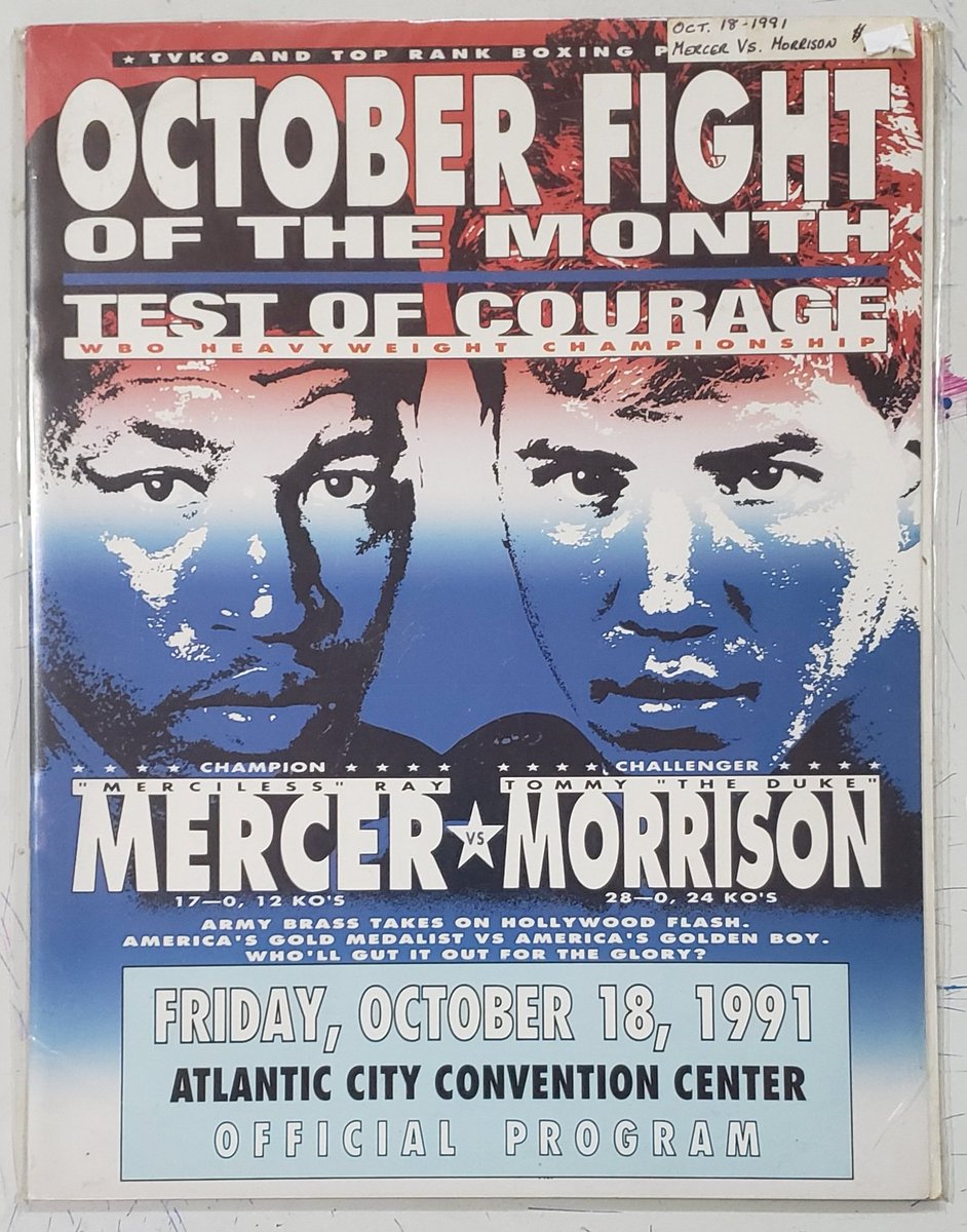 EduardoOhata's tweet photo. Um dos nocautes mais brutais da história aconteceu há exatos 30 anos; em um choque de invictos, o campeão olímpico "Merciless" Ray Mercer defendia o cinturão da OMB frente a Tommy "The Duke" Morrison, astro de "Rocky V"; abaixo, o programa oficial (acervo)
#mercermorrison https://t.co/R1KV0h93ui