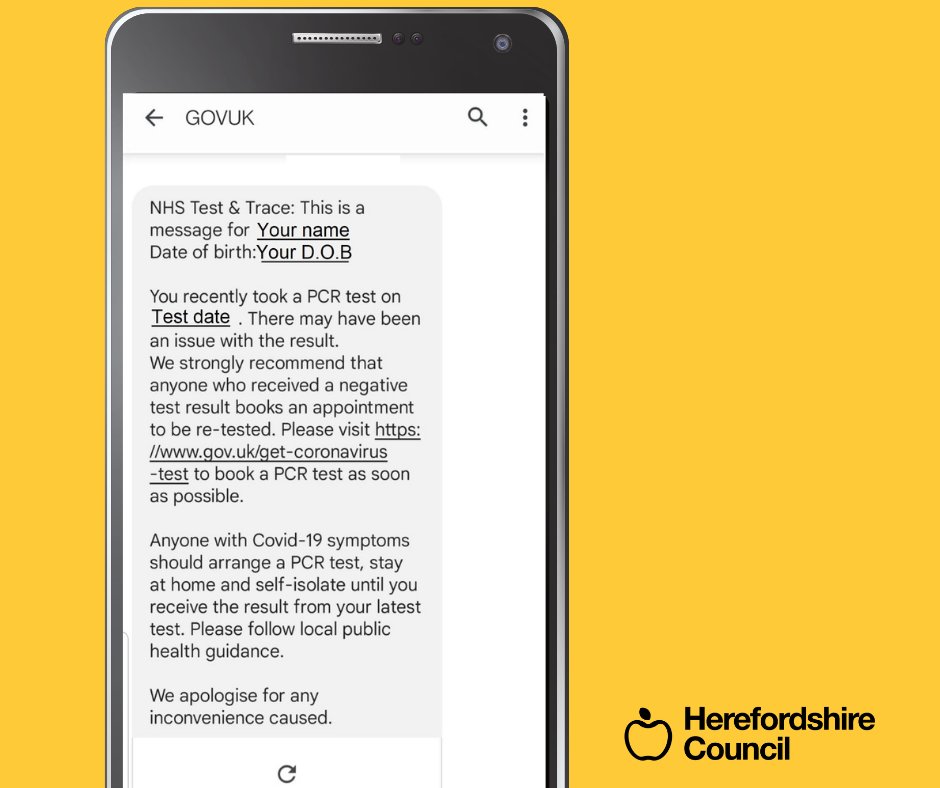Testing | If you've received this text message, it's important you get another PCR test as soon as possible. To find out more &amp; to re book your test visit: orlo.uk/8fnSv