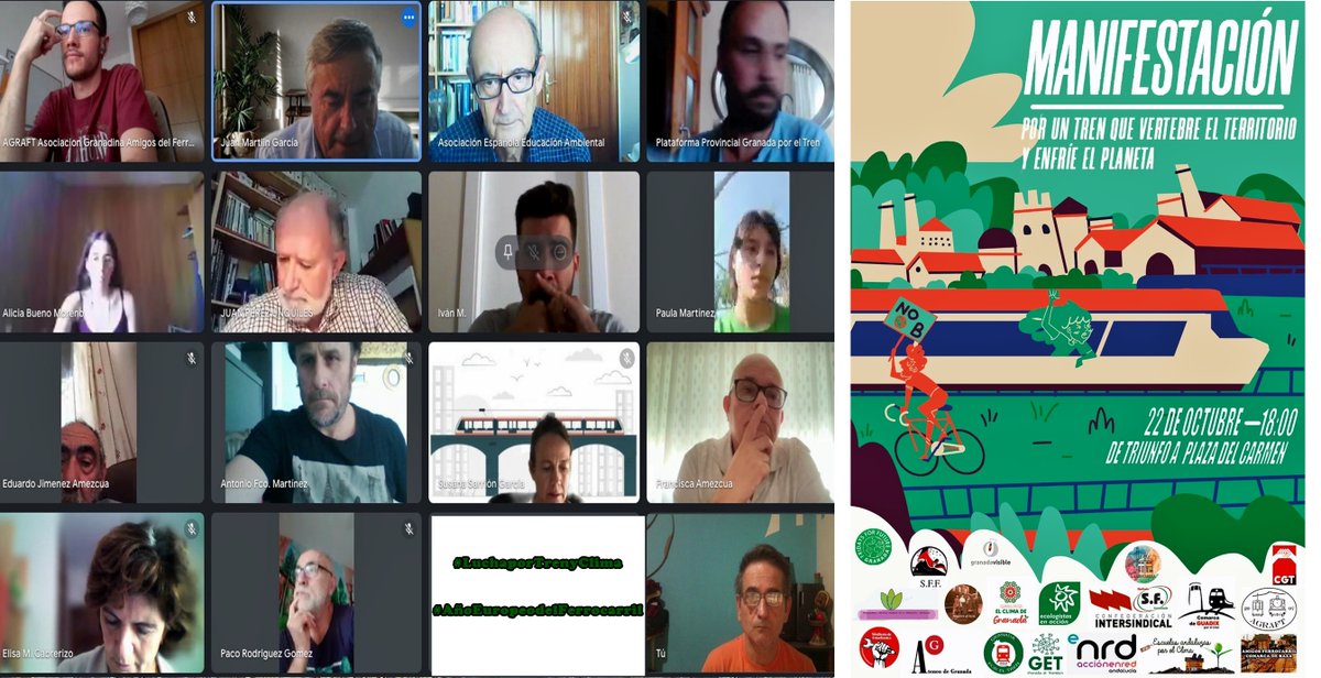 Colectivos ferrov, sociales, ecologistas, estudiantiles.. creemos en "Un #tren que vertebre territorios y enfríe el planeta"
#LuchaporTrenyClima este viernes22 en #Granada
31/12/1984-18/10/2021 #13429díassintren #Guadix #Baza #Almanzora #Lorca 
#EstudioInformativo de reaperturaYA