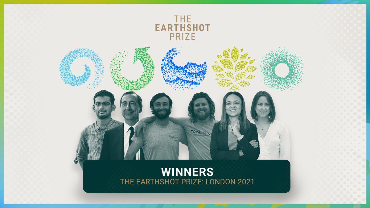 COP26's tweet image. Meet the first-ever winners of The @EarthshotPrize 💚

Each has the ability to help repair our planet and inspire hope for our future 🌍

Missed the awards show and want to watch it? 

Check it out on @BBCiPlayer, or on @DiscoveryPlus from the 20th.

#EarthShotLondon2021 | #COP26