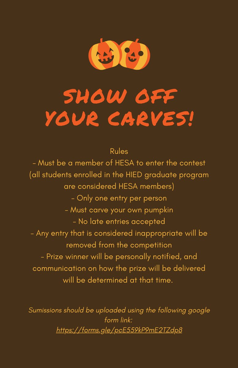 Celebrate spooky season with HESA by participating in our Pumpkin Carving Contest! HESA members can participate for a chance to win a $25 Amazon gift-card. 👻🎃

Submit your pumpkins here - 
forms.gle/fG9zJZatFa4GzF…