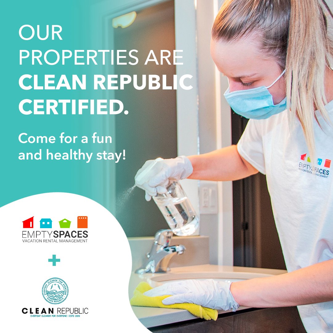 emptyspacesVRM's tweet image. We partner with @clean_republic to provide our guests with safe, clean environments using their EPA-endorsed non-toxic cleaning products. Book an Empty Spaces vacation rental and relax knowing you're staying in the most sanitary accommodations possible: esvrm.com/search-results/