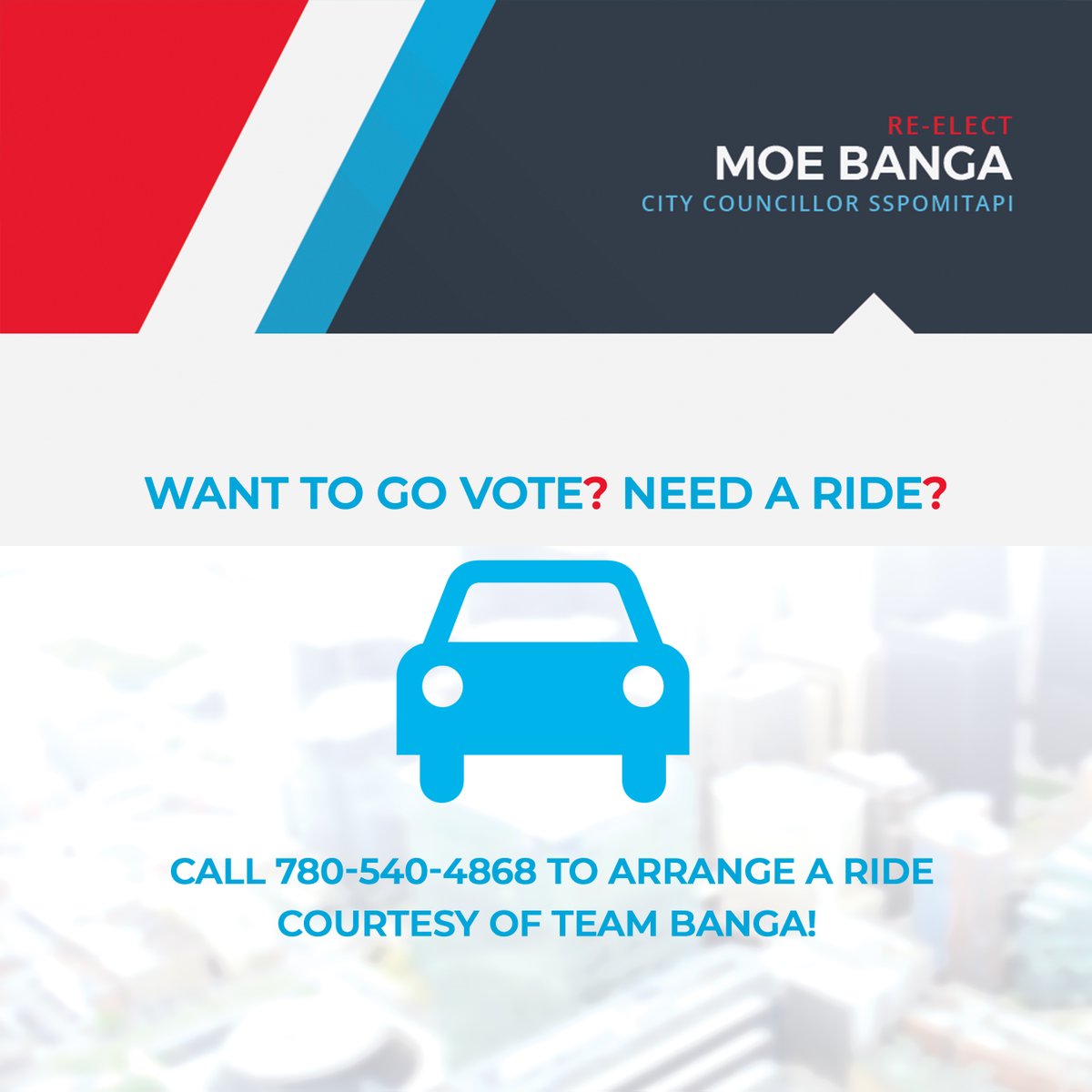 MoeBangaYeg's tweet photo. Rise & Shine #WardSspomitapi residents! Today is ELECTION DAY!
Polls are open 9 AM - 8 PM
Call π780-540-4868 for a ride or more info!
Check where to vote onlineπ»: https://t.co/hfcGjGD6lX
Get out and RE-ELECT MOE BANGA! β
#yegvote #moeknows #sspomitapi https://t.co/2OlPSLYt1M