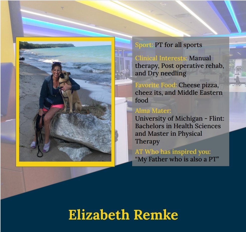 October is National Physical Therapy Month, and we couldn't let it pass without spotlighting our physical therapist Beth Remke! Beth works with all of our sports and when she isn't at work she enjoys traveling, running, and hanging out with her dog!