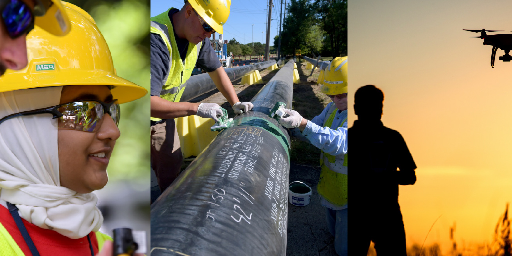 A triple pane photo of a woman at a work site, two people working on a gas pipe and someone flying a drone.