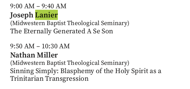 MattMBarrett's tweet photo. Will you be at #ETS21? Don't miss these @MBTS students. Proud of them!

Joseph Lanier, Eternal Generation &amp; Aseity
@RonniKurtz Immutability
@JakeRainwater Cov of Redemption
Nathan Miller, Blasphemy &amp; Trinity
@samuel_parkison Processions &amp; Poverty
Cartwright, Luther &amp; assurance https://t.co/SvqxL8JyeM