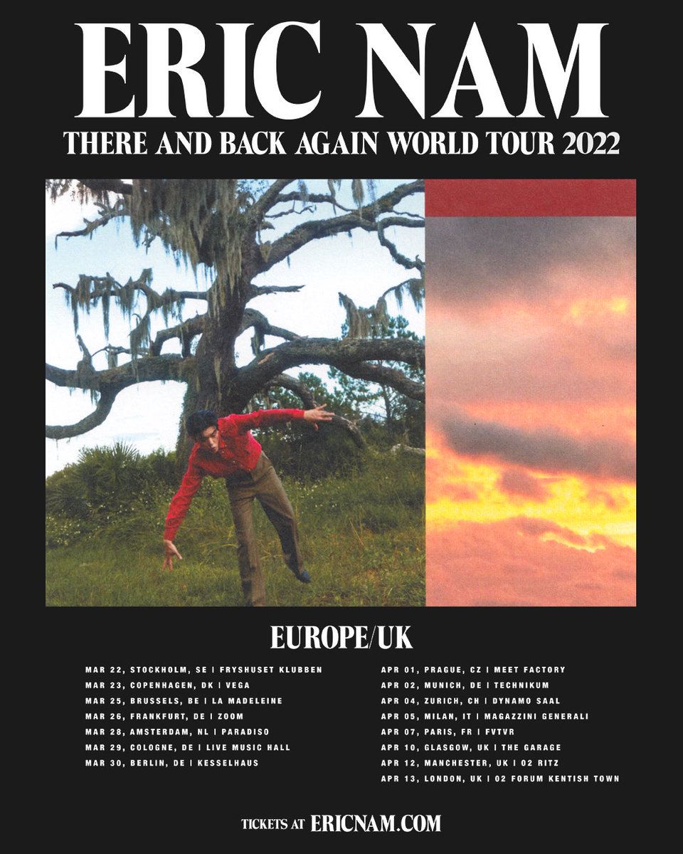 I can’t wait to see you all and put on an unforgettable tour with my band &amp; dancers. Tickets go ON SALE this Friday at 10AM your city’s local time at ericnam.com (don’t worry, more cities to come). LMK WHICH SONGS YOU NEED TO HEAR.
⠀
#thereandbackagaintour