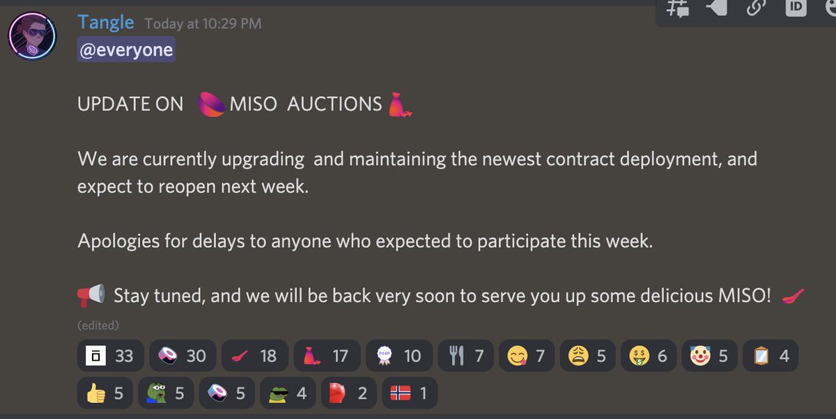 🔉$DTO Token Sale Update @SushiSwap MISO MISO is currently upgrading and maintaining their newest contract. This means that the sale will be postponed to 1pm UTC, Tuesday, 26th. Link of MISO announcement discord.com/channels/74803…
