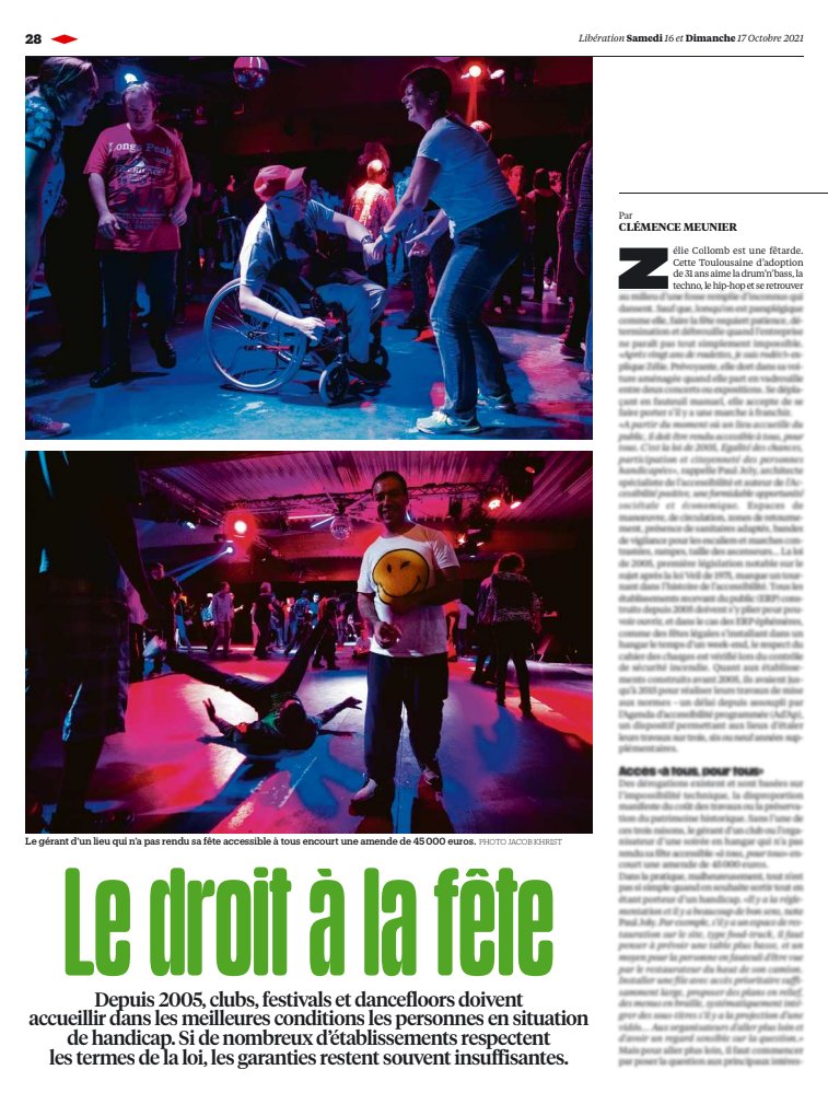 Mes photos pour illustrer l'article de Clémence Meunier sur l'accessibilité des lieux de fêtes aux personnes handicapées dans le Libé du week end.
Issues d'un reportage réalisé pour @brainmagazine, brain-magazine.fr/article/braino…