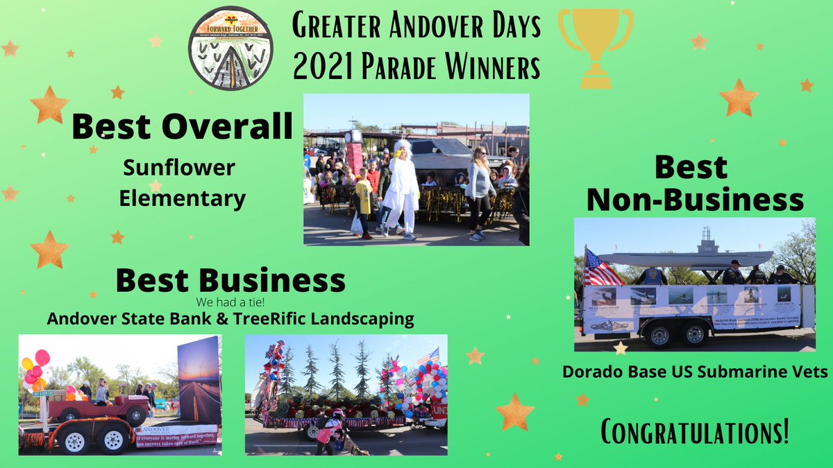 Congratulations to our Parade Winners!  Sunflower Elementary came away with the Best Overall with their Back to the Future theme with the Delorean, Doc, and even the Clock Tower!  
Great work, everyone!
