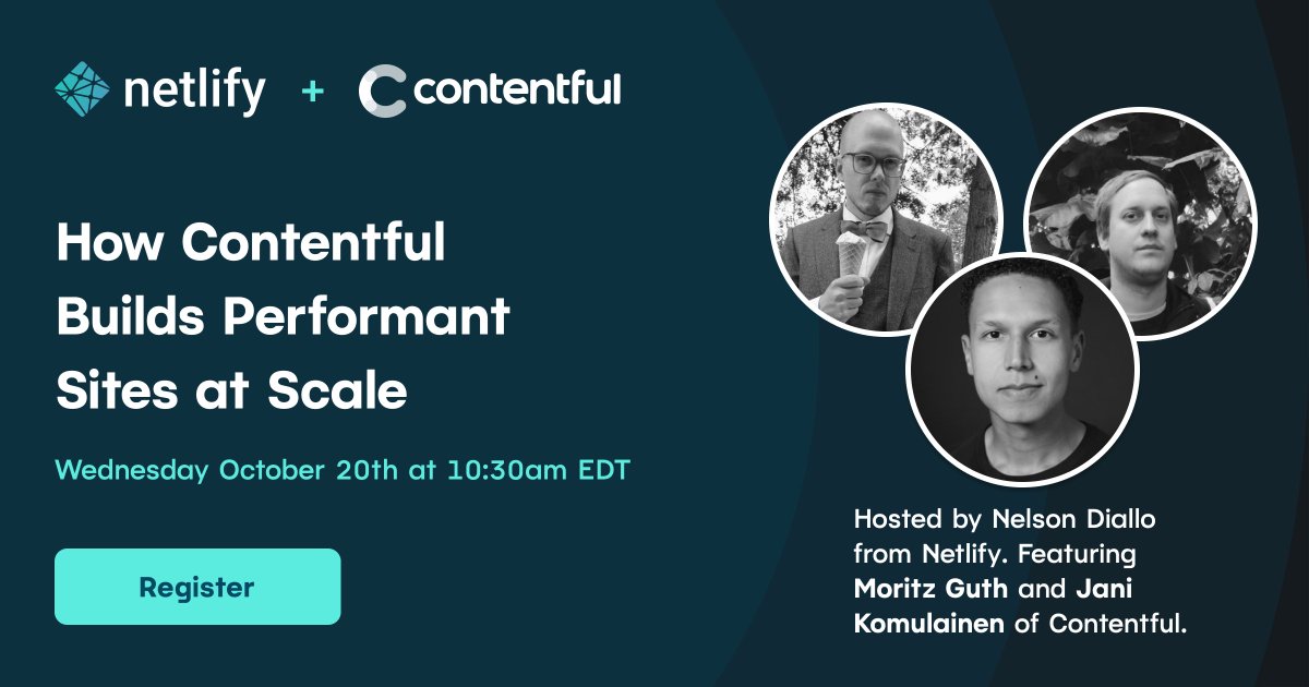 Join @janikomu and <a href="/mguth/">Maureen Guth</a> from our web team as they sit down with Nelson Diallo of <a href="/Netlify/">Netlify</a> on October 20 at 10:30 a.m. EDT to talk about their implementation of Contentful, Gatsby, and Netlify, and what the Jamstack helps them achieve.

Register here 👉  netlify.com/resources/webi…