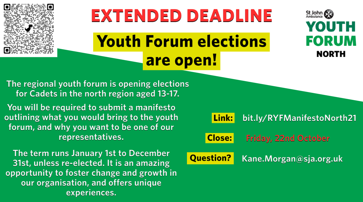 The RYF would like to announce that elections have been extended; the closing date is now October 22nd.

We are particularly interested in Cadets from North Yorkshire &amp; Teesside, Greater Manchester, and Cheshire and Merseyside, but it is still open to all north region Cadets!