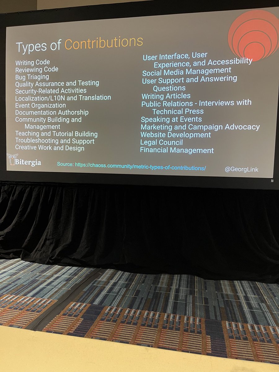 We’re attending <a href="/GeorgLink/">Georg Link</a>’s talk on identifying and recognizing your most valuable contributors! look at all the ways anyone can contribute 😃 #notjustcode #opensource #AllThingsOpen #ieeesaopen @ieeesa