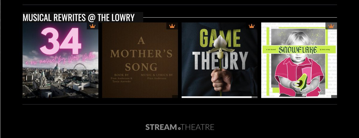 More #NewMusicals hit @stream_theatre this week, with the return of @Drew_Dillon's 34, @Finn_Anderson & @TaniAzevedo_ 's #AMothersSong, @RachelBellman & @JoshBirdUK 's #GameTheory and welcoming @lewiscornay1 's @SnowflakeMus ! All part of #Rewrites from @The_Lowry!