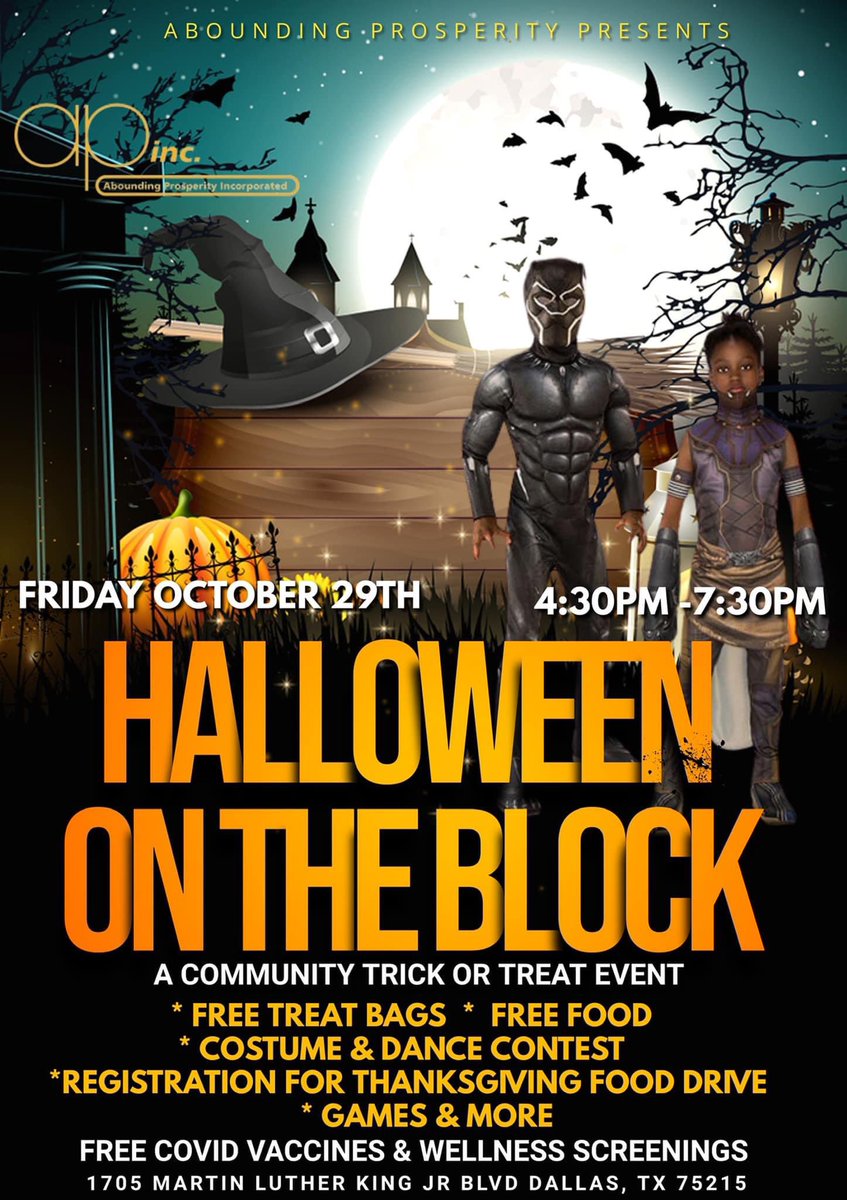 Save the date and SHARE especially to those who have kids. Friday October 29th Abounding Prosperity will be hosting “HALLOWEEN ON THE BLOCK PARTY” A Community Trick or Event. We will be doing music,free Treat bags , free food , games , best costume and more .
