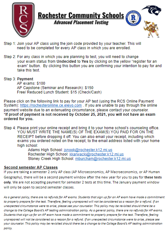 Next week Oct. 25th is the deadline to purchase AP exams. Please make sure you have followed the steps to register and have turned in your proof of payment to your counseling office. No exams will be ordered for students who have not competed the process.