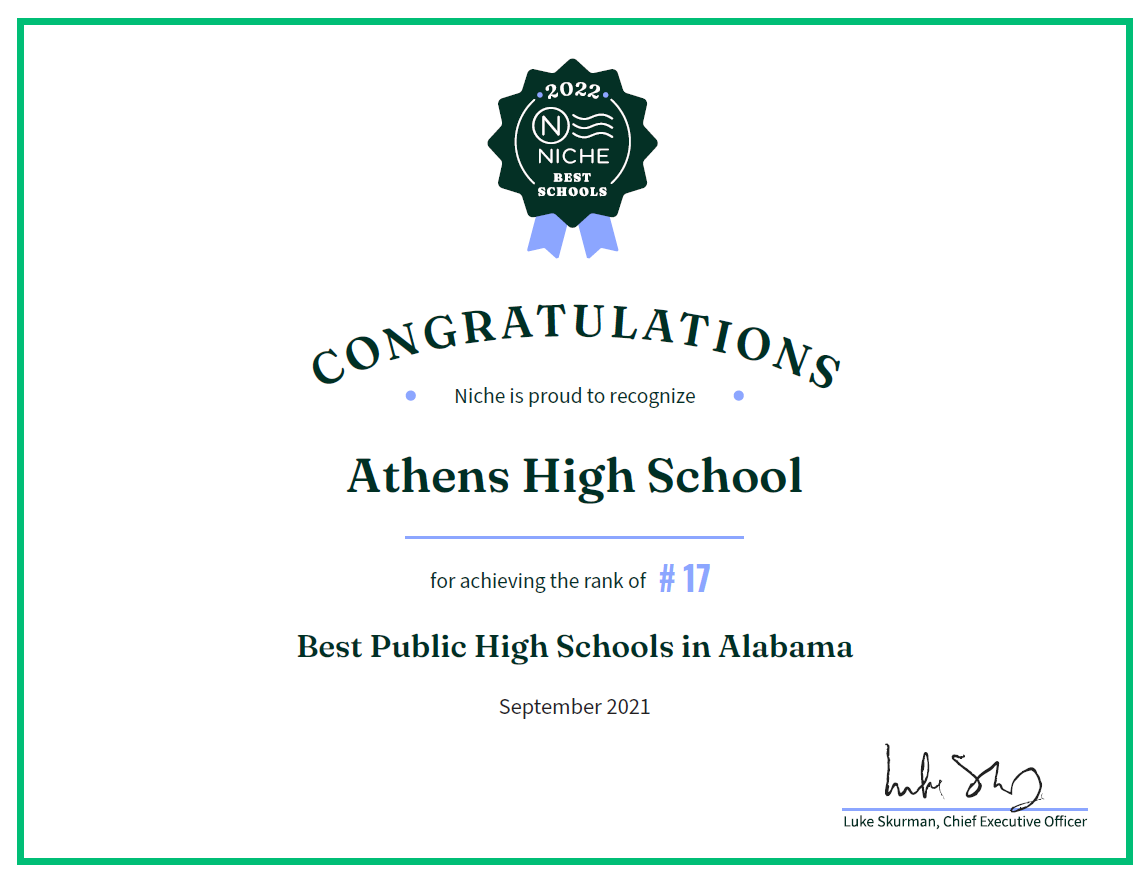 AthensALSchools's tweet photo. We are #AthensProud that Athens City Schools has recently been recognized by Niche in their 2022 Best Schools in Alabama list. We are super proud of each of our schools and &amp; the incredible work that happens in our district each and every day. #onesystem #oneheartbeat #oneAthens https://t.co/URXIgsaoPj