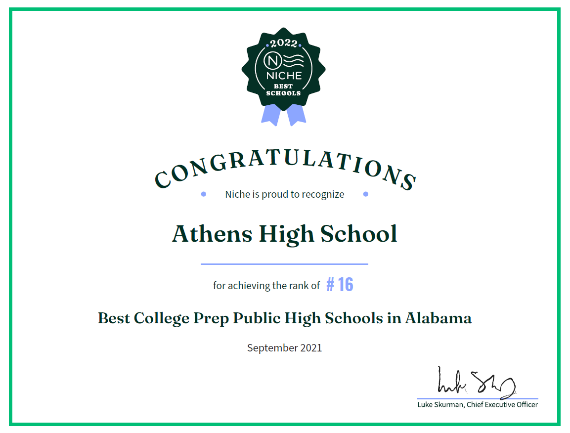 AthensALSchools's tweet photo. We are #AthensProud that Athens City Schools has recently been recognized by Niche in their 2022 Best Schools in Alabama list. We are super proud of each of our schools and &amp; the incredible work that happens in our district each and every day. #onesystem #oneheartbeat #oneAthens https://t.co/URXIgsaoPj